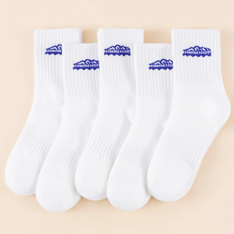5 Pairs Four Seasons Fashionable Vertical Bar Versatile Soft And Casual Sweat Absorbing White Letter Snow Mountain Socks