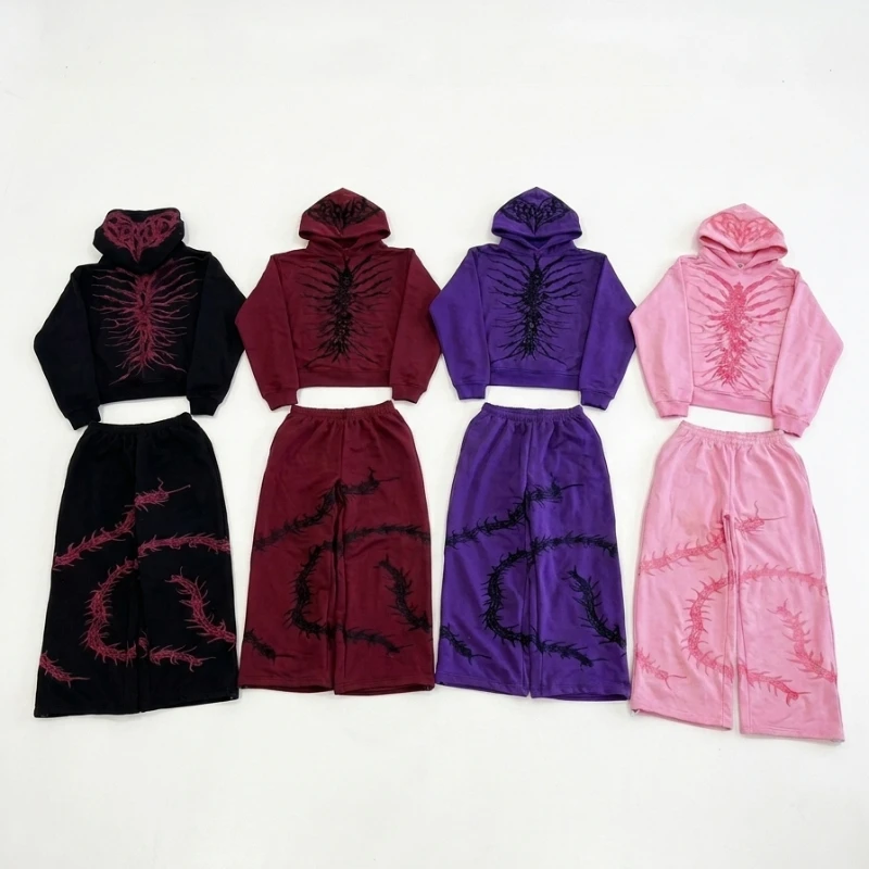 

Y2K Gothic Spider Graphic Women 2 Piece Set Grunge Harajuku Cropped Hoodie Wide Leg Pants Streetwear Punk Emo Tracksuit Outfits