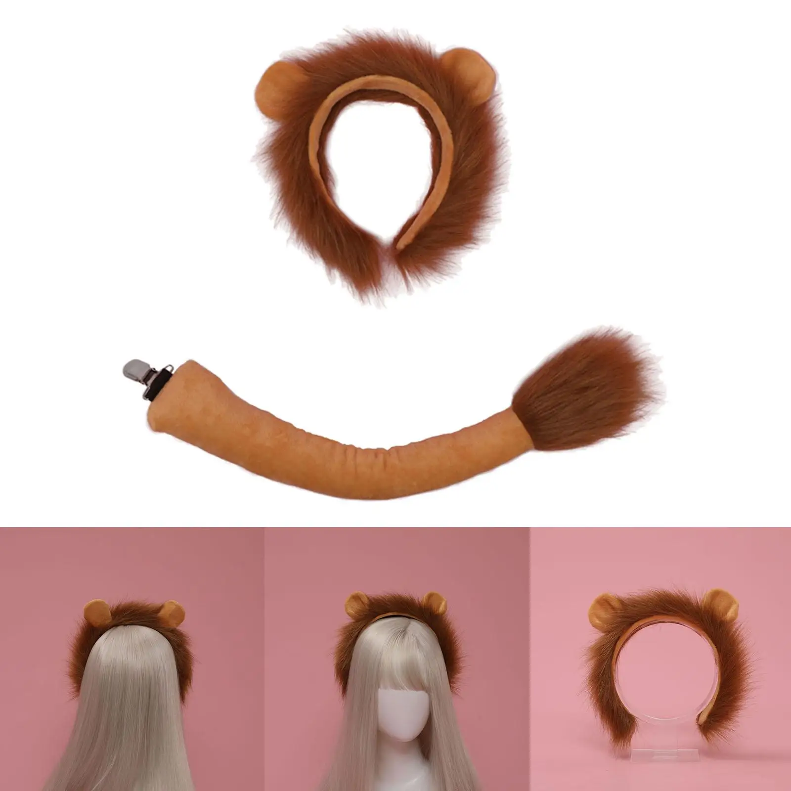 Lion Tail Ears Costume Set Headwear Plush Headband for Teenager Adult Party