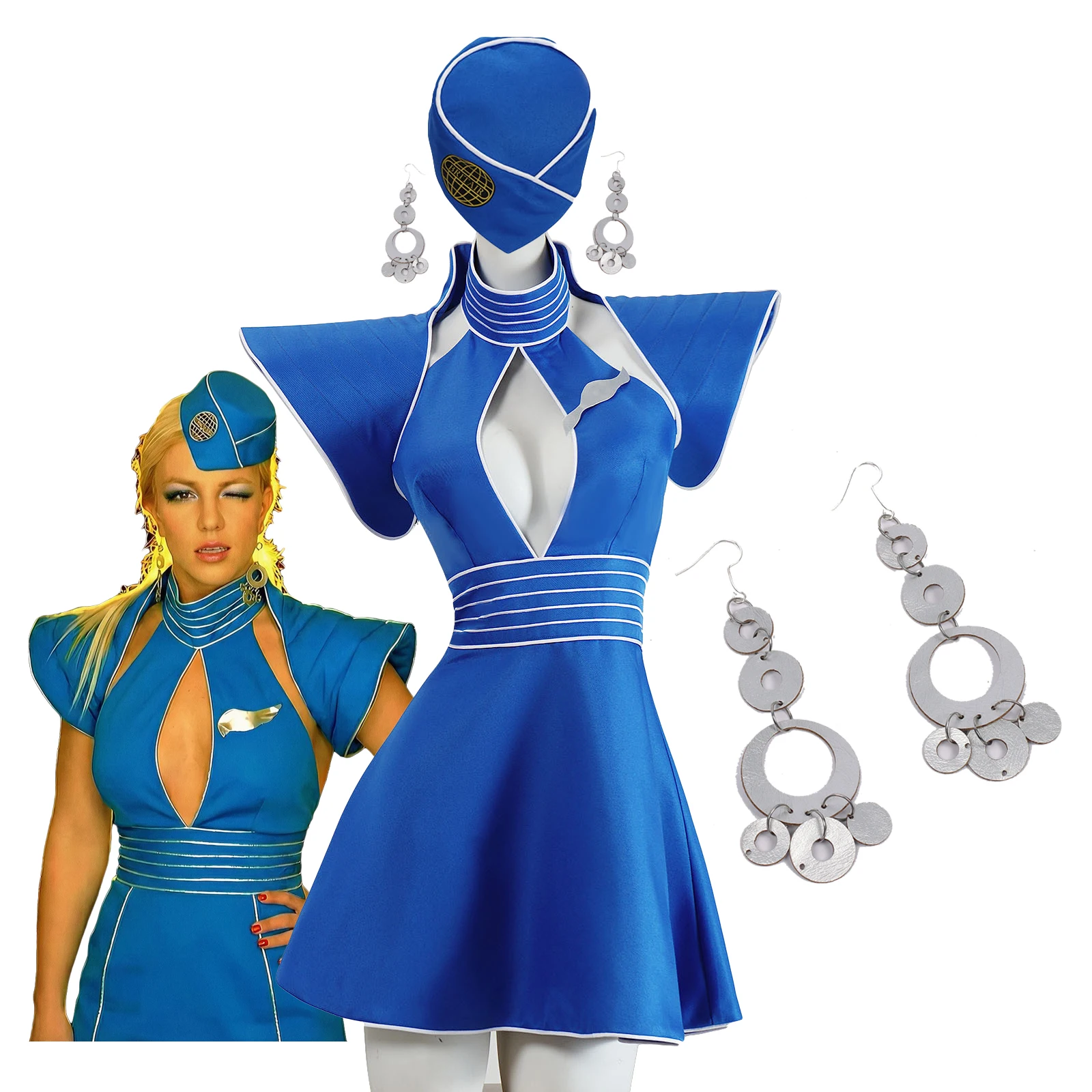 Disfraz de Azafata Britney, Uniforme Azul de Azafata, Aretes, Disfraz Sexy para Mujer, Actuación en Escenario, Halloween
