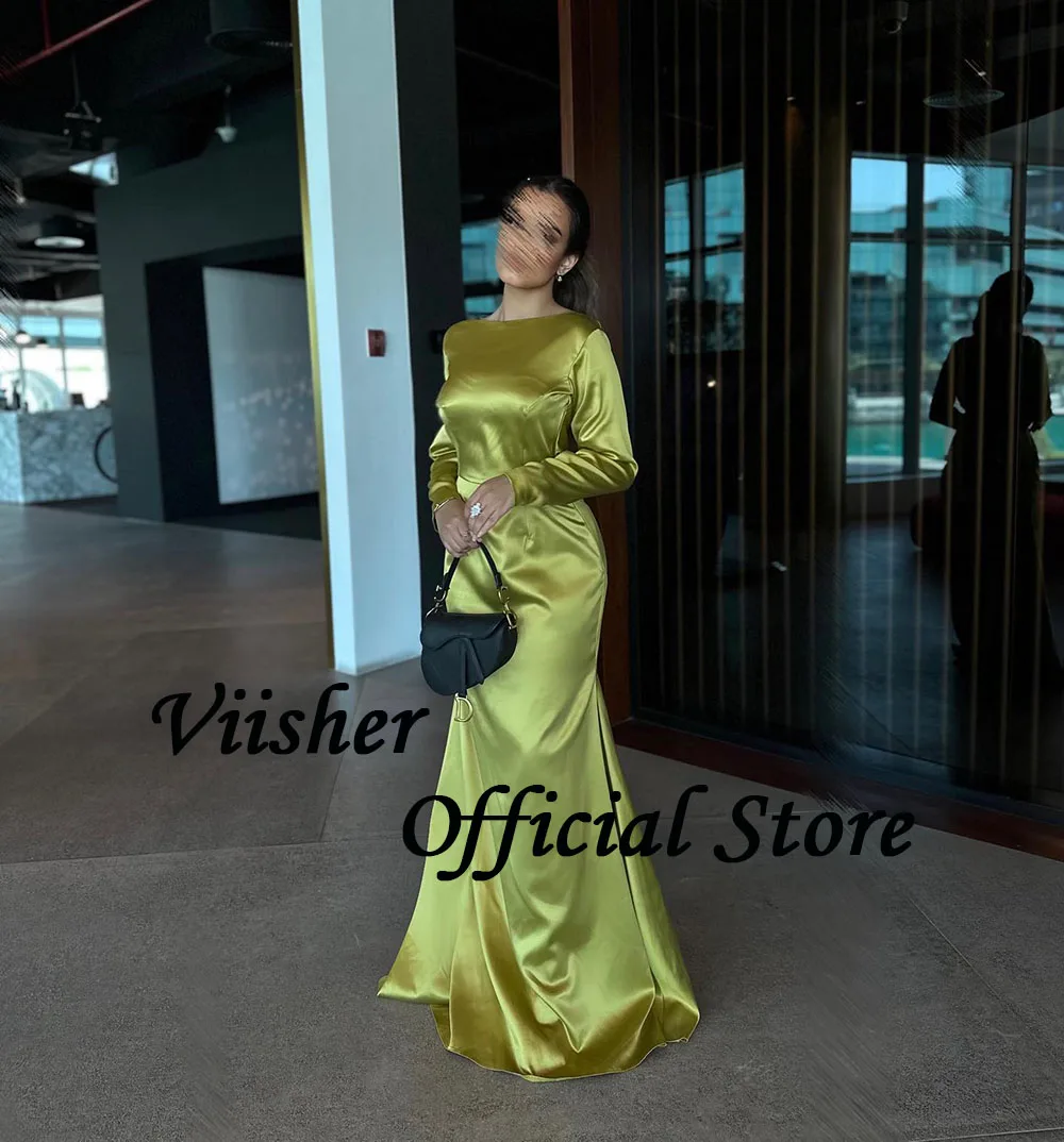 Visher grüne Seide Satin Meerjungfrau Abendkleider Langarm o Hals formelle Abschluss ball Kleid bodenlangen Dubai arabischen Abendkleider