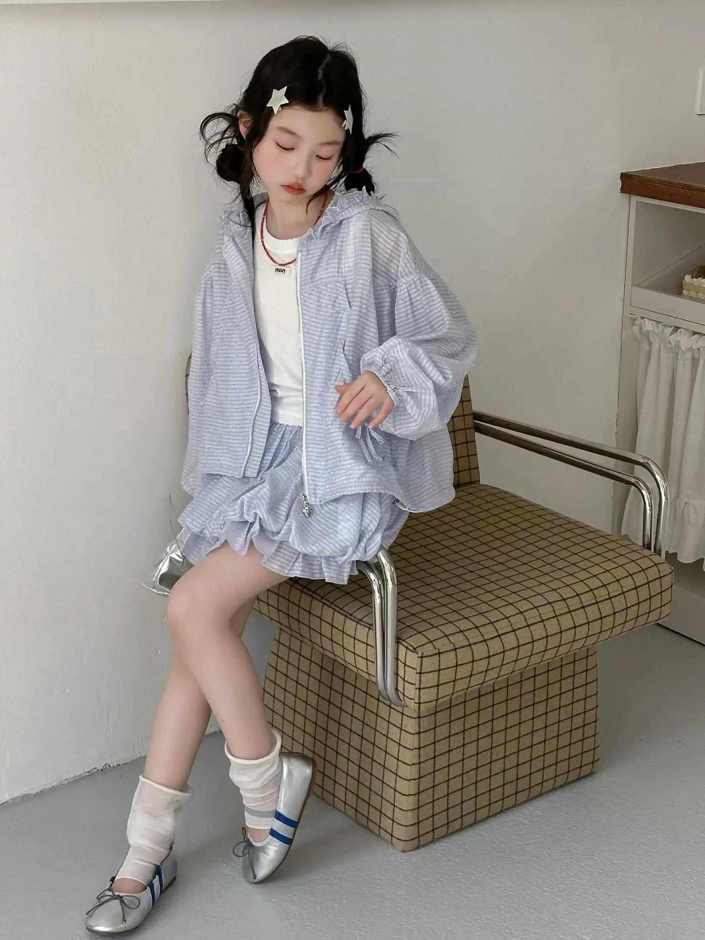 Girls 2026 Summer New Sun Protection Set Hooded Lightweight Jacket and Tulip Hem Skirt Versatile Two-Piece Childrens Outfit