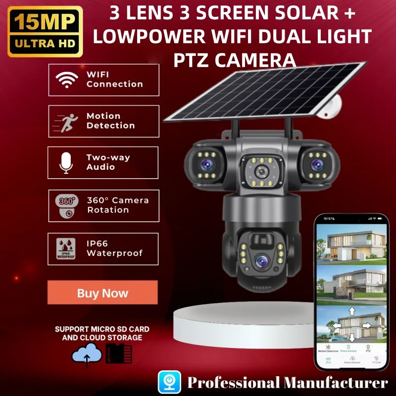 

15MP HD Solar Outdoor Security Camera with 3 Lenses 3 Screens 10X Zoom Night Vision IP66 Waterproof PIR Human Detection Wifi