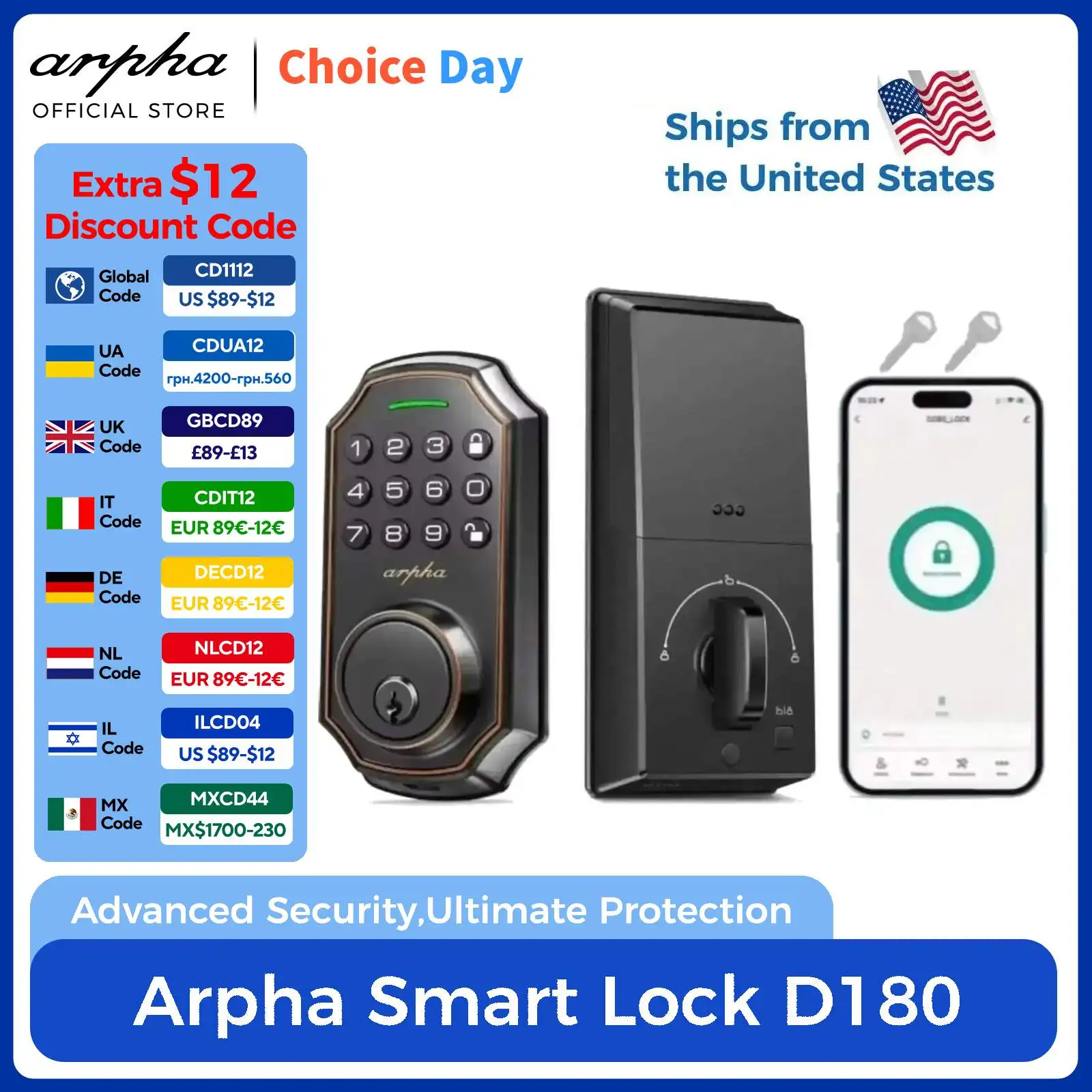 

Arpha Smart Door Lock ‎Keyless Entry Lock w/ 100 Code 16-Digit Anti Peeping Password Electronic Deadbolt Easy to Install D180