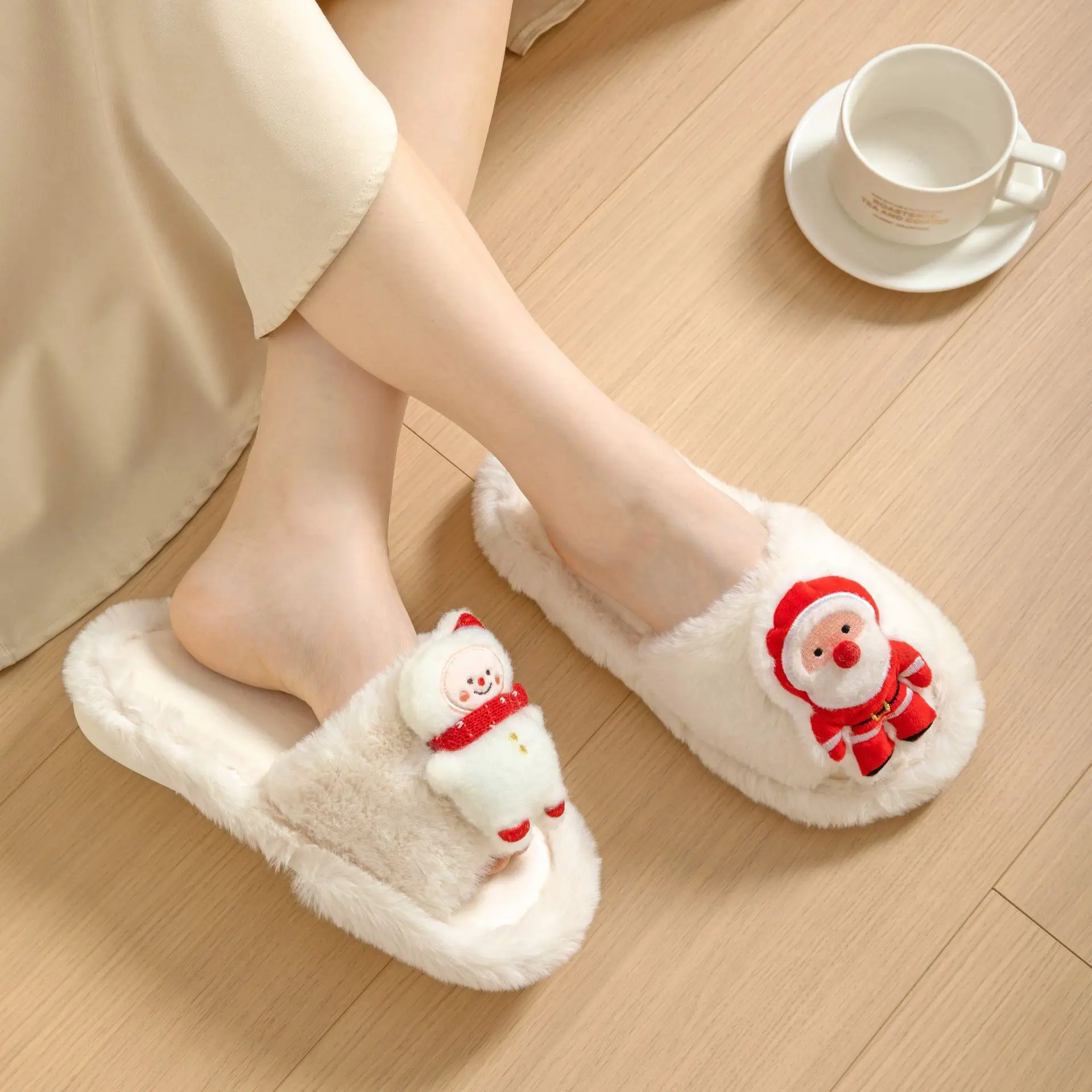 Winter Santa Claus Peep Toe Cotton Slippers Cute Home Indoor Plush Slippers Women Warm Plush Cotton Floor Slides Christmas gift