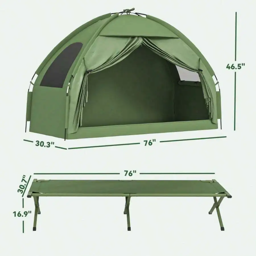 Multifunctional Folding Camping Tent Cot For Adults – Elevated Tent With Sleeping Bag, Air Mattress Pad & Foot Pump. 250 Lbs Cap