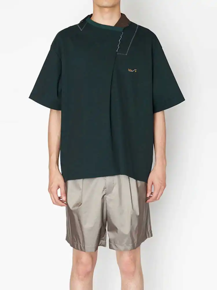 25SS Abe Run Japanese Retro Asymmetrical Collar Pure Cotton Short Sleeved T-shirt Summer Men