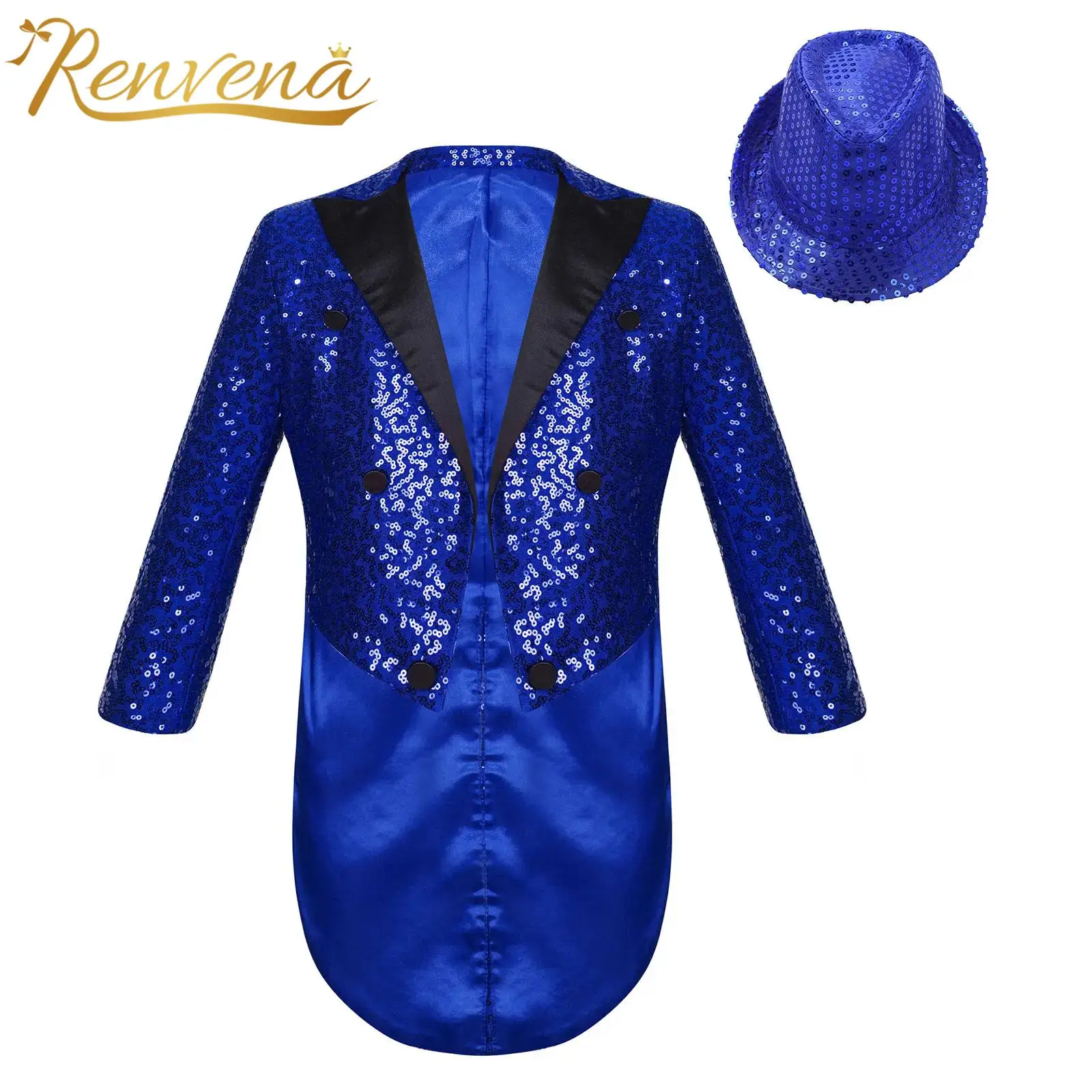 

Kids Boys Blazer Suits Jacket Magic Show Jazz Dance Costumes Performance Outfit Long Sleeve Sequin Tailcoat with Sequined Hat