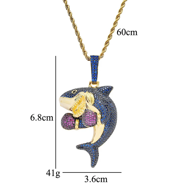 Hip Hop Blue AAA CZ Stone Paved Bling Iced Out Shark Boxing Boxer Pendants Necklace for Men Rapper Jewelry Gold Silver Color