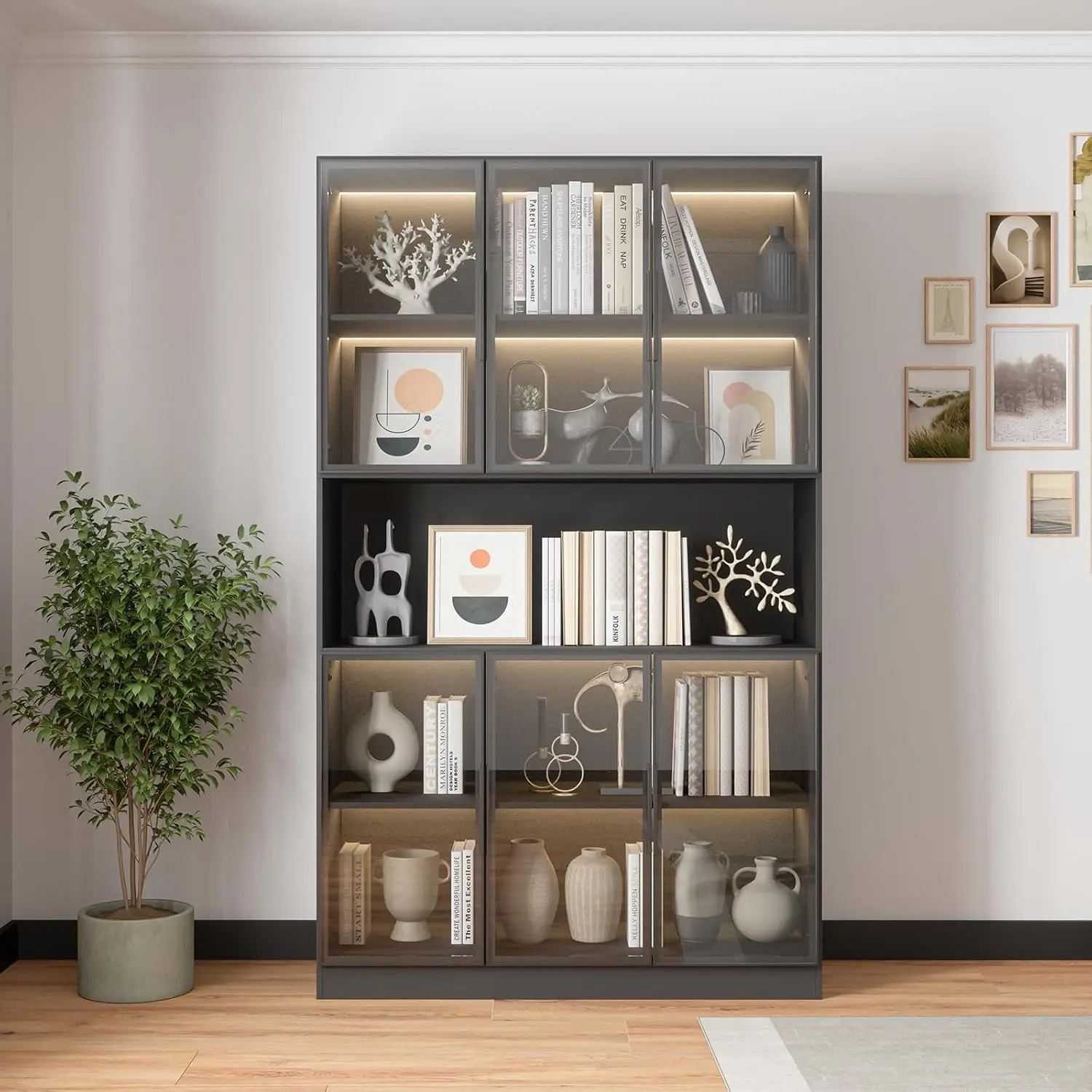 Display Cabinet with 6 Glass Doors and LED Light, 5-Tier Storage Shelve, Bookcase, Display Case for Collectibles, 78.7