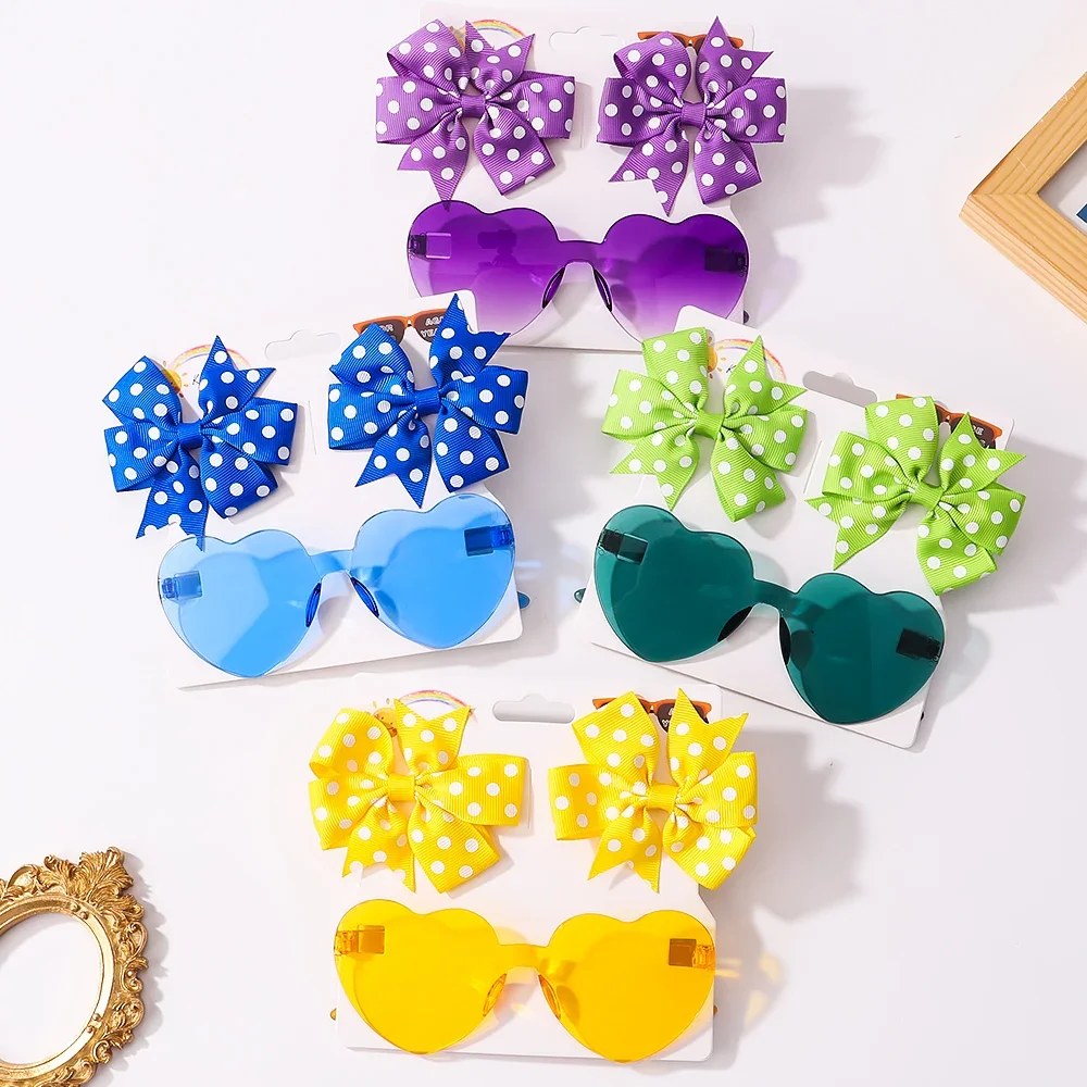 Kid's Sun Glasses Set, Solid Dot Hairpin, Bowknot Clips de cabelo, Infantil Boutique Acessórios, Meninas, 3pcs