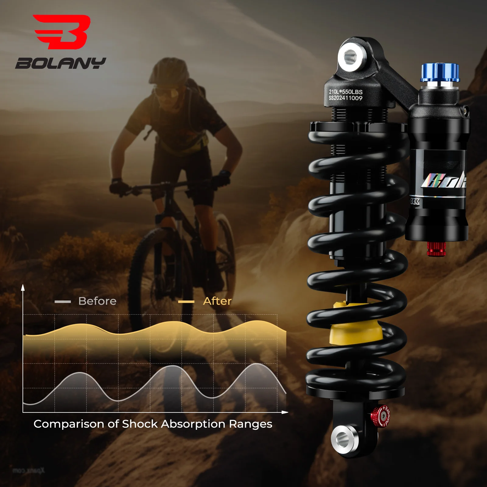 BOLANY 550lbs Mountain Bike Rear Absorber Spring Suspension Damping Adjustable Motorcycle Shock DH MTB Bicycle 190/210/230mm