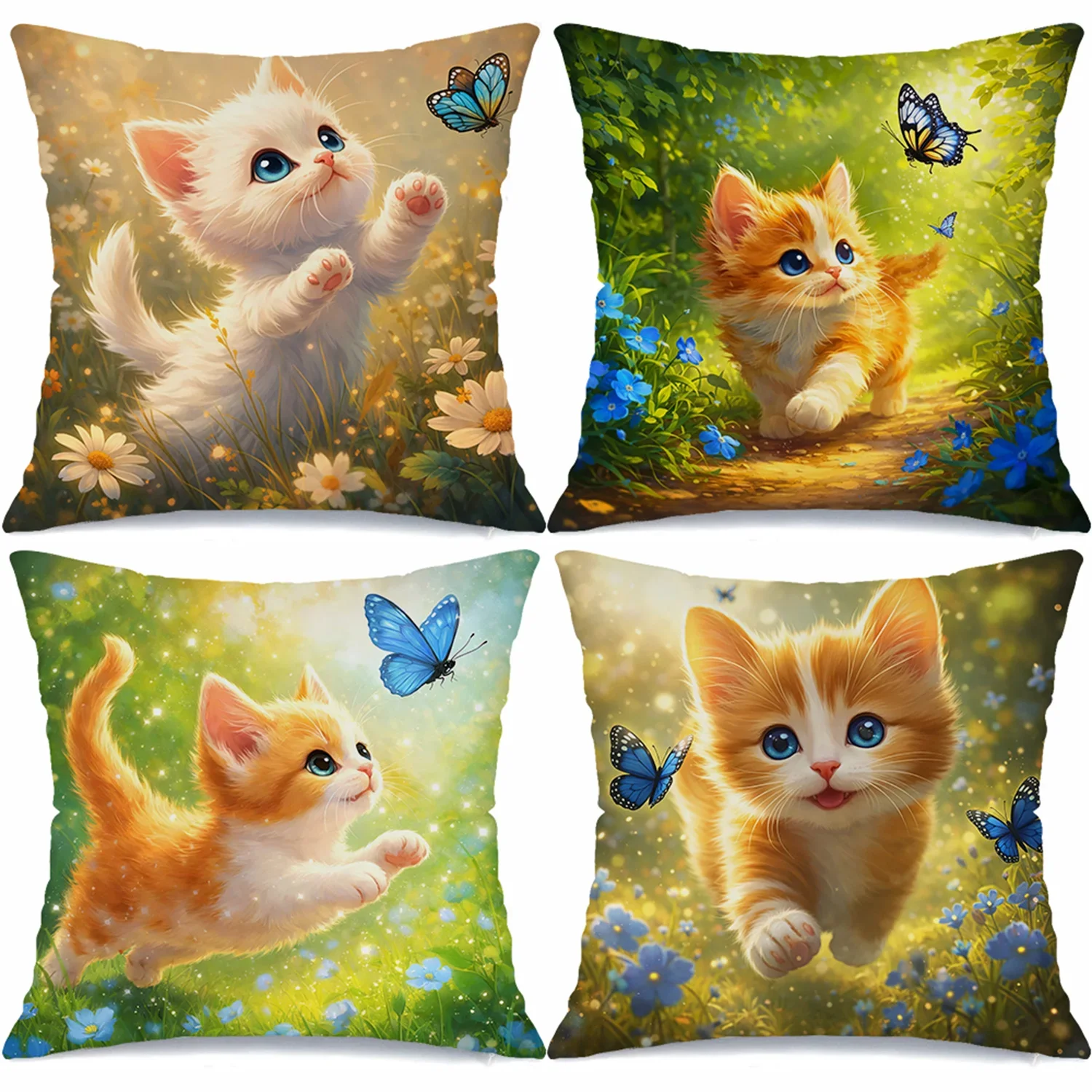 Four-Pack Throw Pillow Covers with Cute Kitten in Spring Meadow Scene Art Prints