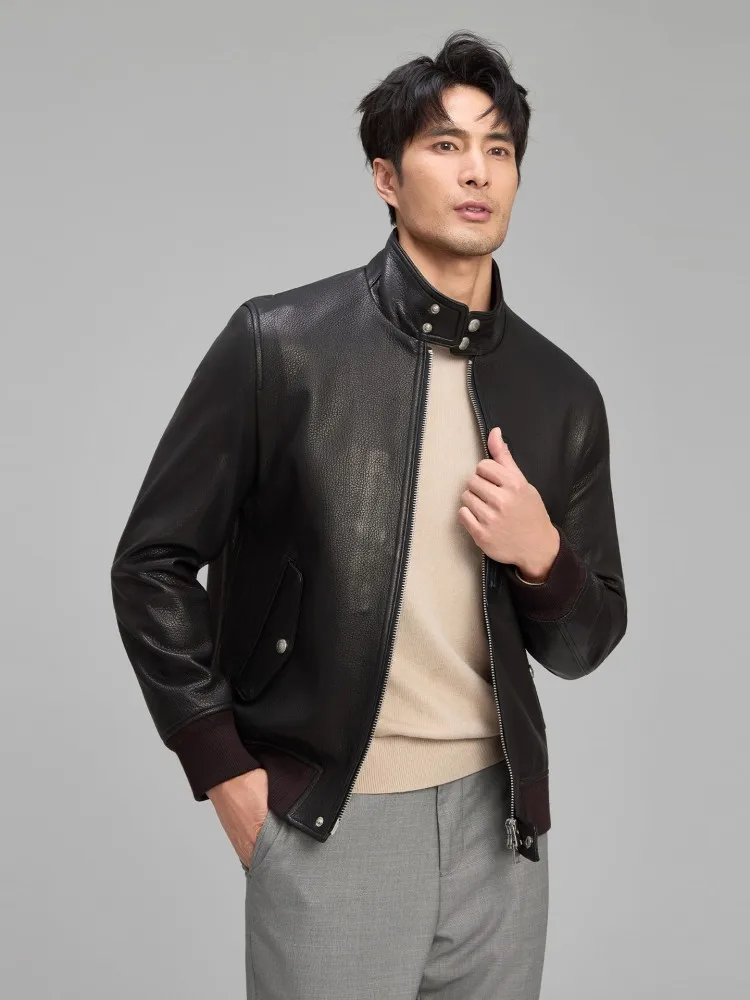 New Designer Mens Stand Collar Real Goatskin Windproof Moto Biker Bomber Jacket Slim Fit Punk Style Genuine Leather Jacket Coats