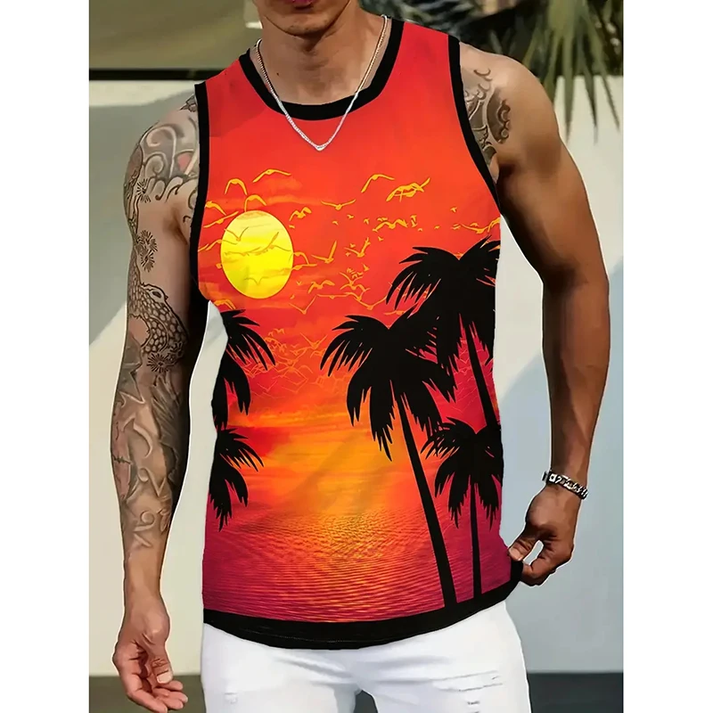 Hello Funshine Dusk Print Tank Top For Men Loose Breathable Round Sleeveless Basketball Vest Coconut Tree Pattern Print Vest