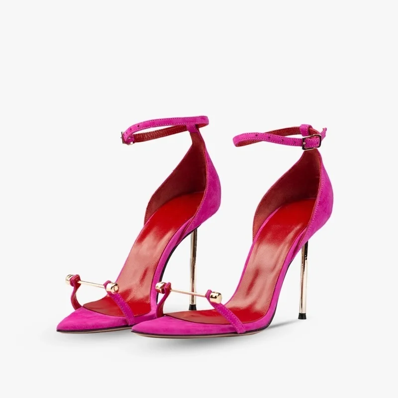 

Gold Metal Studded Button High Heel Sandals Pointed Toe Ankle Strap Black Fuchsia Suede Cloth Metal Thin Heel Evening Party Shoe