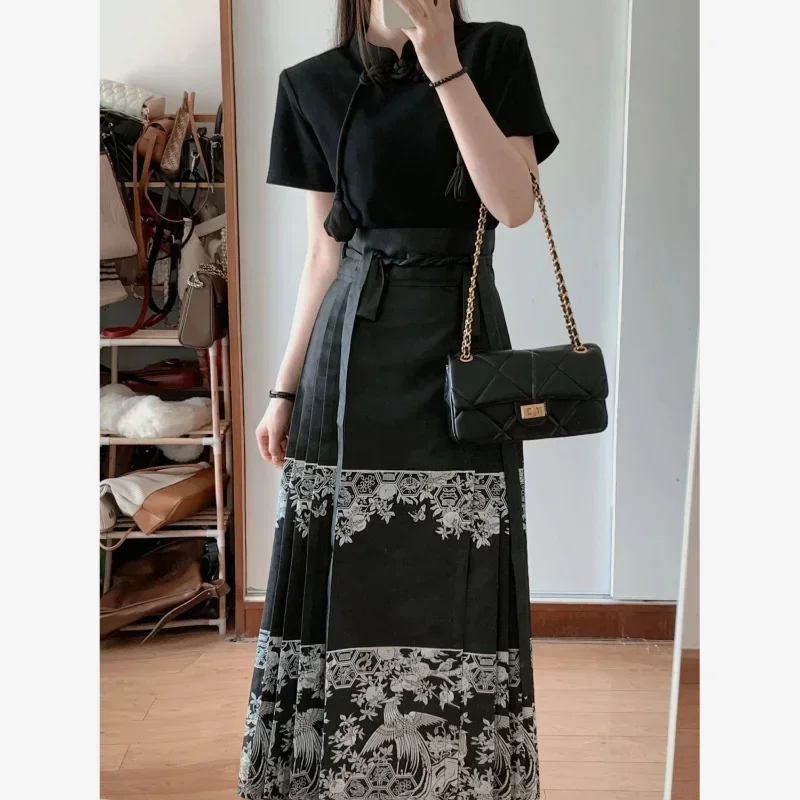 Vestido Hanfu negro elegante para mujer, camisa de manga corta, falda con cara de caballo, vestido chino, ropa informal tradicional, novedad de verano