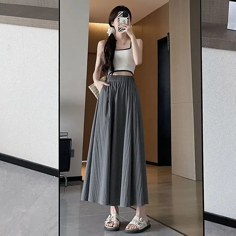 Half-body Skirt Women Thin High- Waisted A-line Skirt Skinny Pleated Soft Drape College Style Students Simple Casual