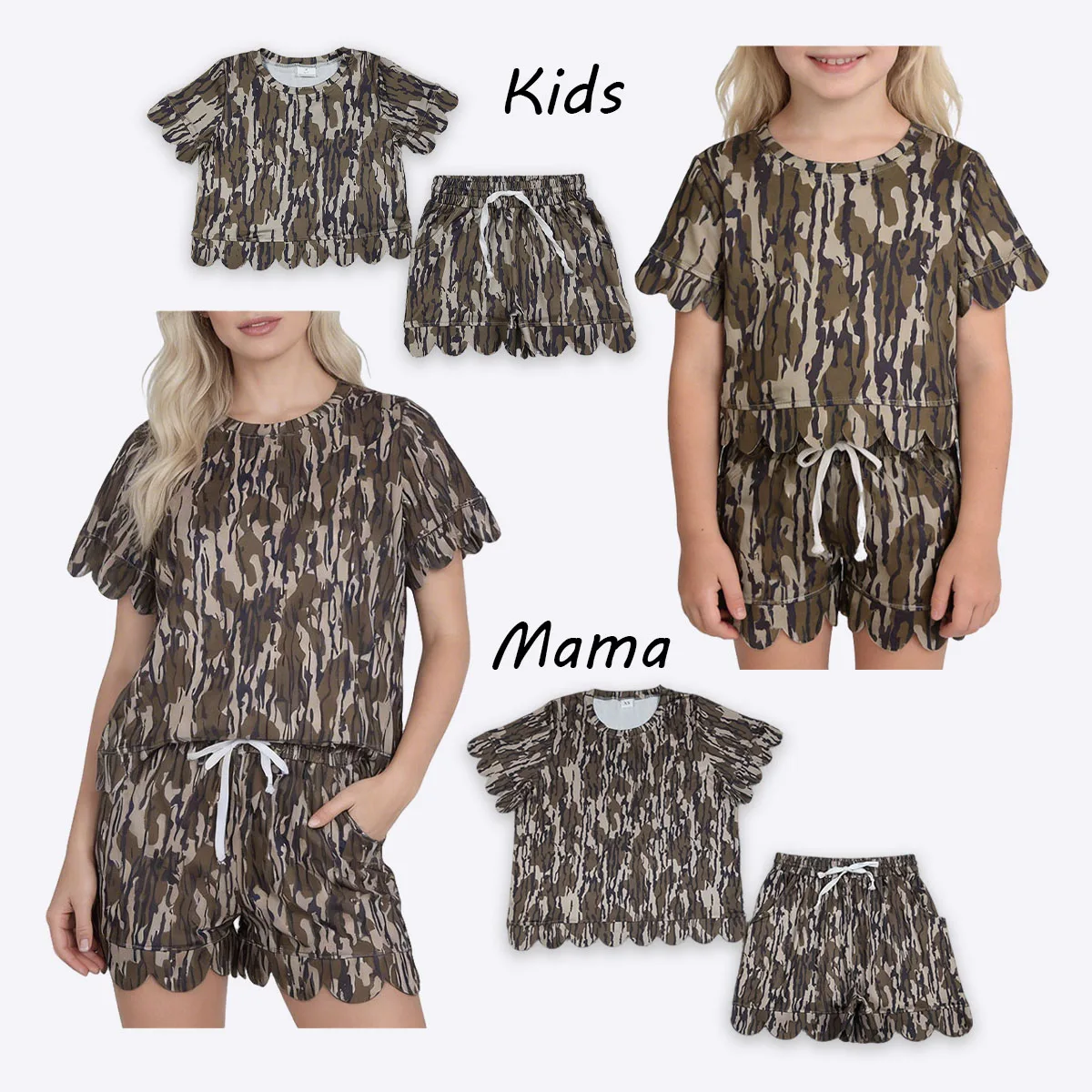 

Kids Adult Women Southern Olive Camo Short Sleeve Top Shorts Scallop Clothes Sets Parent-child Matching Children Clothing