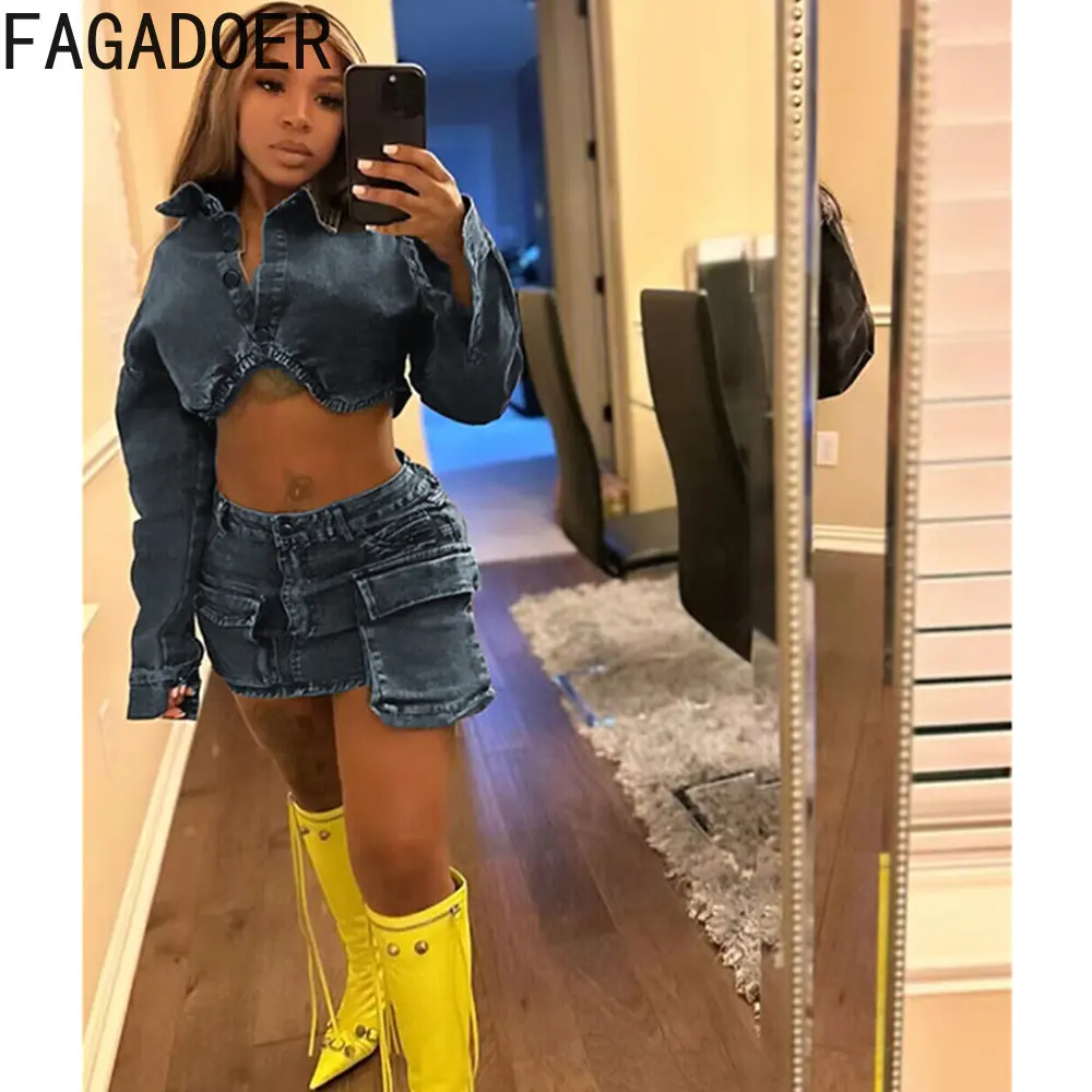 FAGADOER Black Women Y2K Denim Skirt Two Piece Sets Fashion Lapel Button Long Sleeve Crop Top And Mini Pocket Skirts Outfit 2024