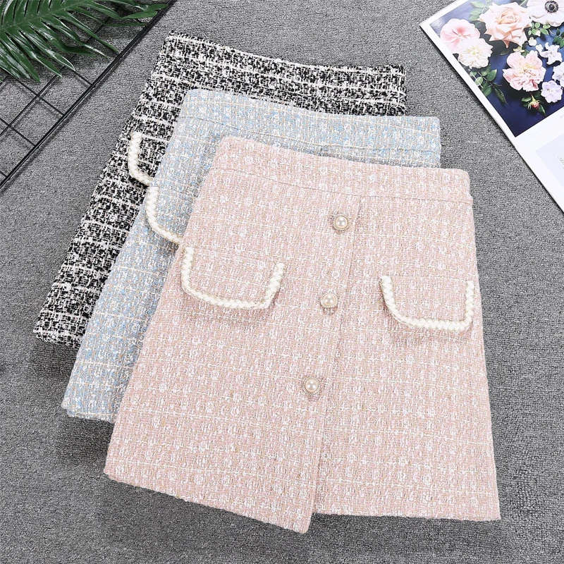 Women's tweed irregular contrasting color short skirt 2024 new high waisted slimming small fragrant A-line skirt