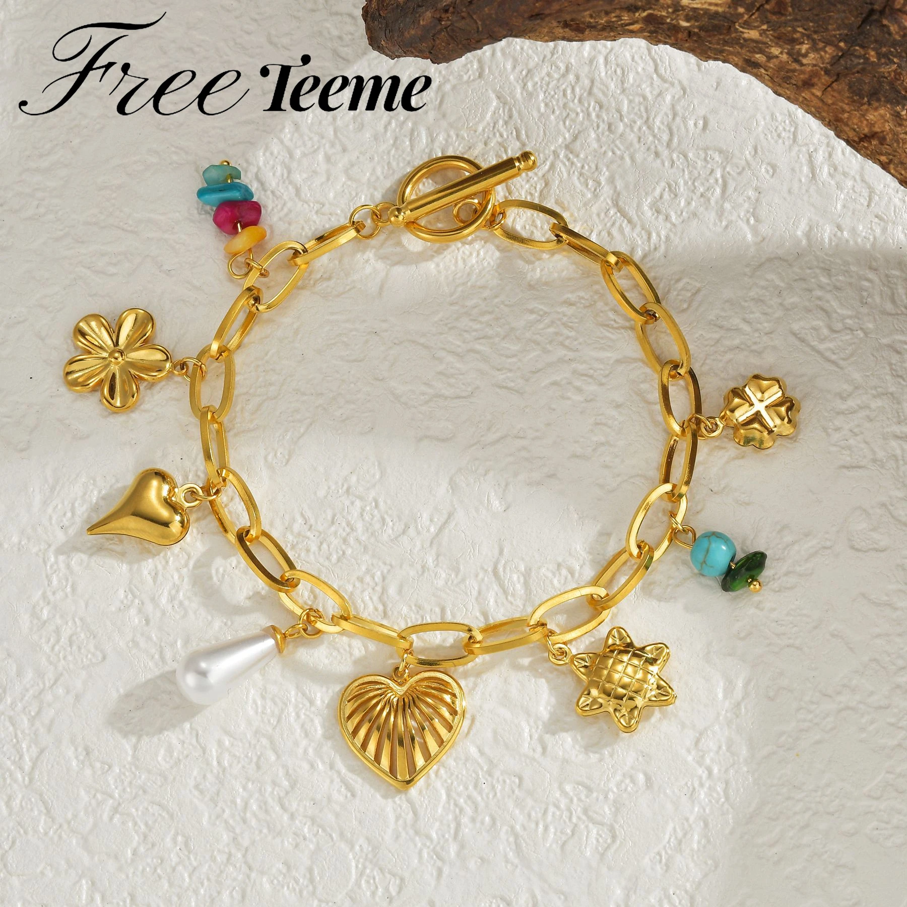 Freeteeme Multi-element Bracelet for Women Stainless Steel Gold-Plated Heart Flower OT Buckle Hand Chain Jewelry Wedding Gift