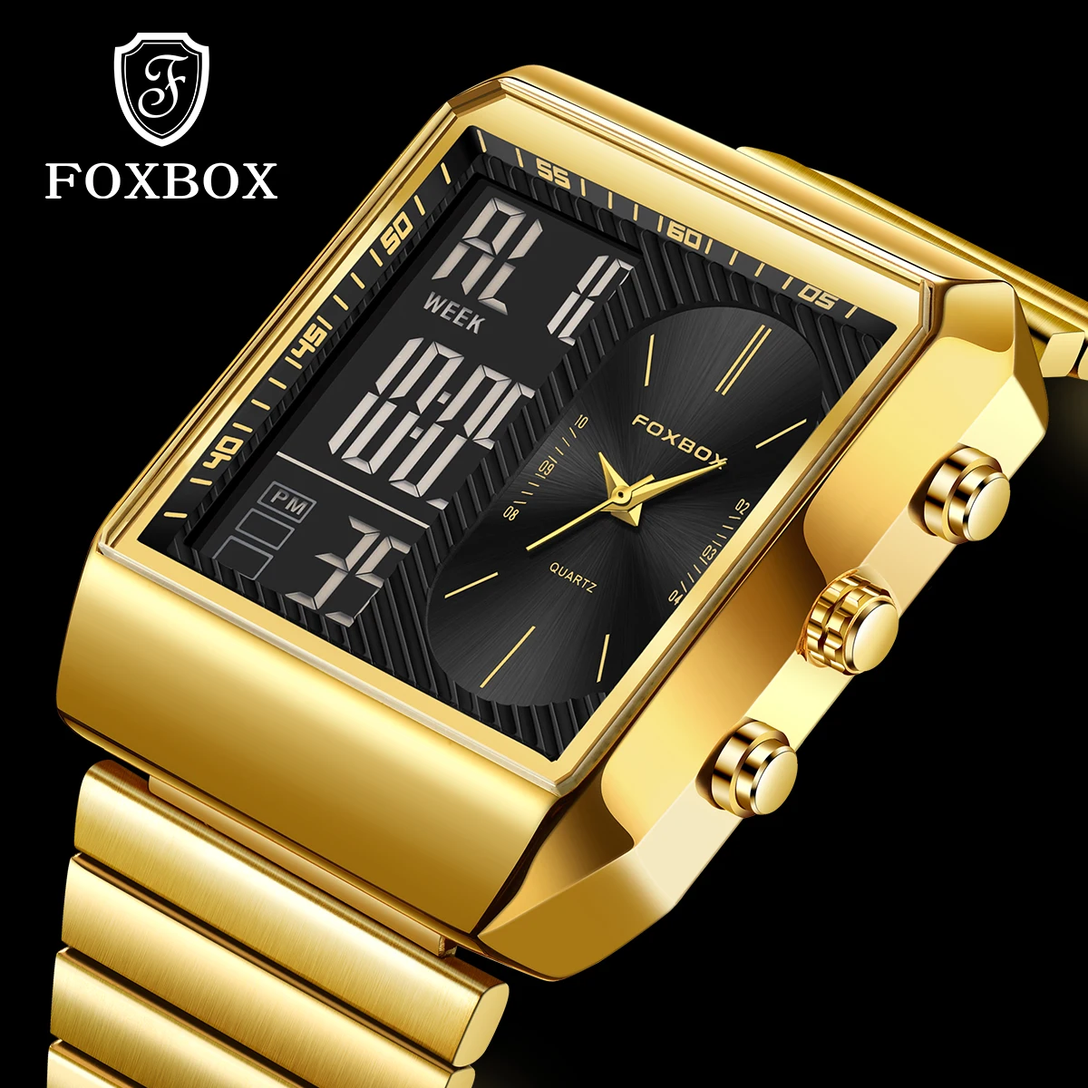 

FOXBOX модные деловые простые электронные мужские часы из нержавеющей стали, повседневные спортивные часы с будильником, часы с двойным цифровым дисплеем для мужчин