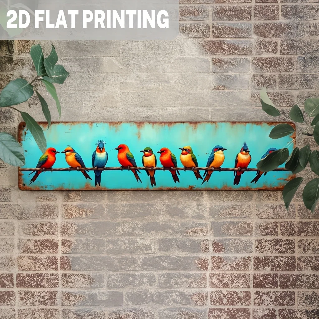 Metal Sign Featuring Colorful Rustic Birds on a Wire in a 2D Flat Design, Perfect for Tropical Bird Enthusiasts.