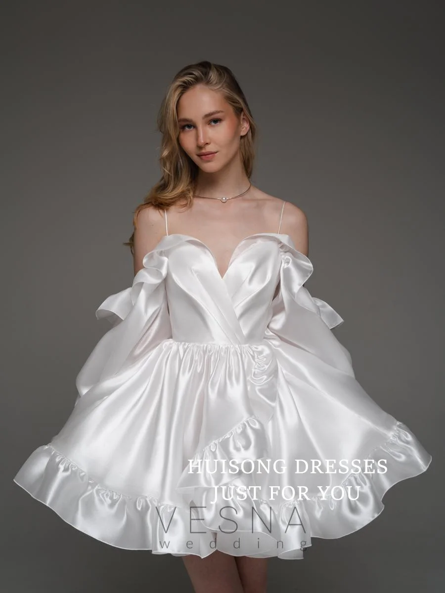 HUISONG فساتين زفاف قصيرة مخصصة من الساتان على شكل قلب فساتين زفاف صغيرة على شكل حرف a فستان حفلات الزفاف على الشاطئ #2