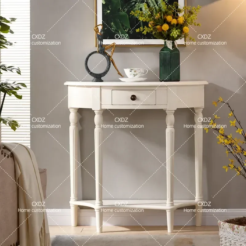 Premium Black Semicircular Entrance Table Retro Solid Wood Console for Corridor Aisle Wall Mounted Partition Decor