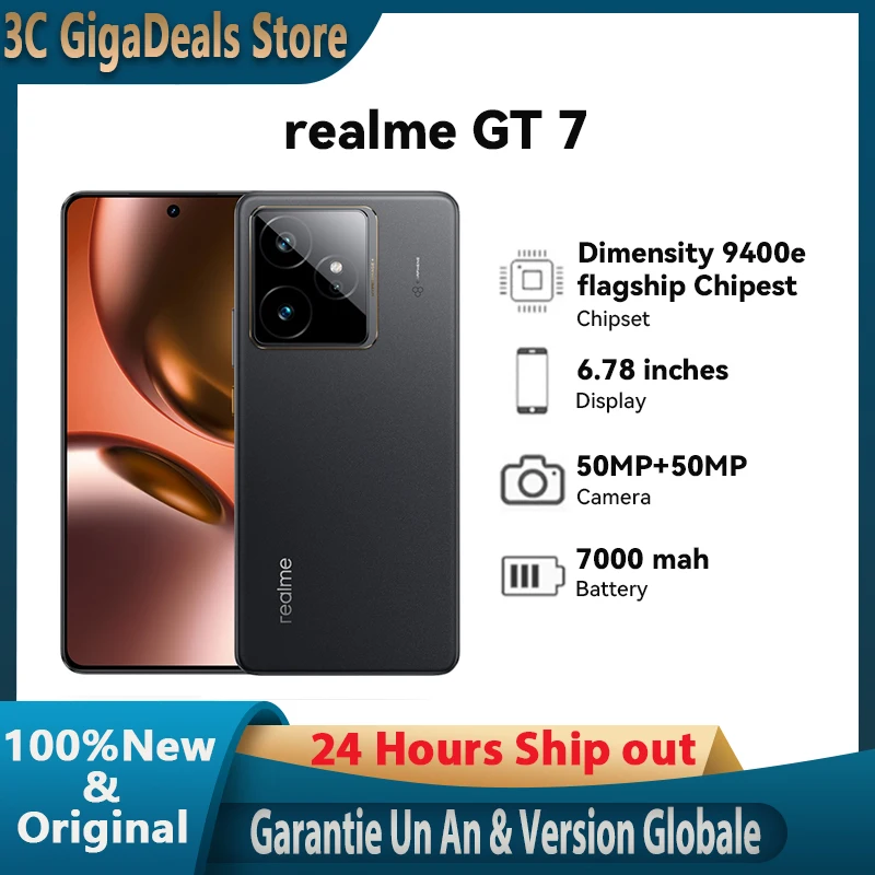Version mondiale realme GT 7 5G AI Smartphone MTK Dimensity 9400e 6000nits Pro-Esports Display 7000 mAh Battery 120W Ultra Charge