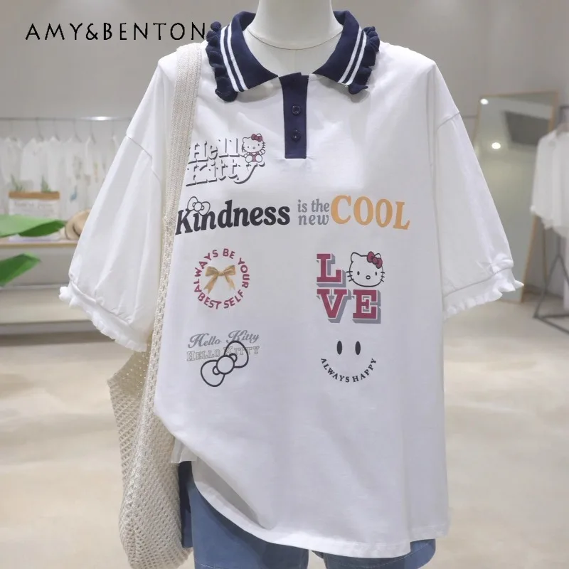 

Contrast Color Fungus Edge POLO Collar Cartoon Cat Print Top 2025 Summer Loose College Style Cotton Short-sleeved T-shirt Ladies
