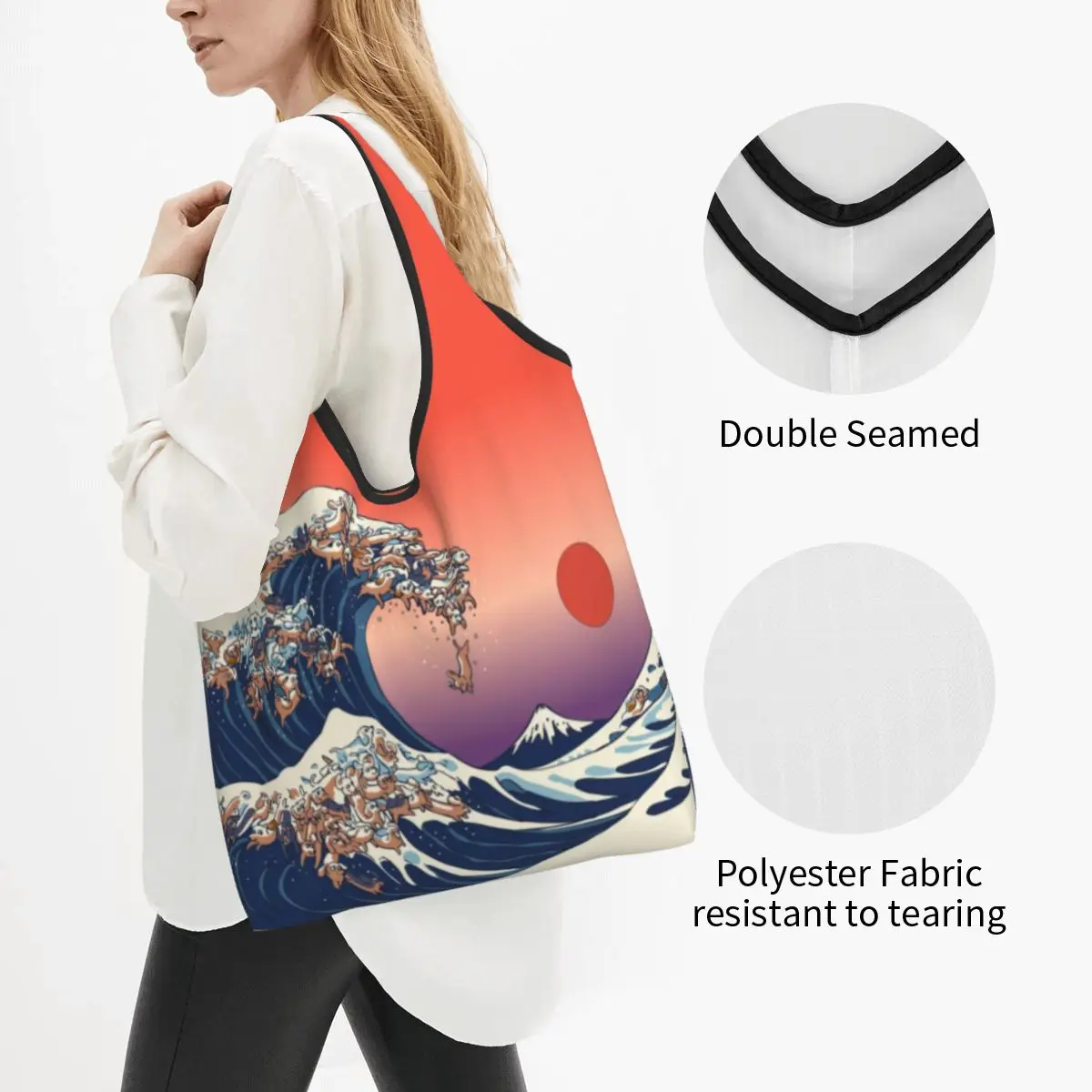 The Great Wave Of Dachshunds Groceries Shopping Bag Shopper Tote Shoulder Bag Portable Badger Sausage Wiener Dog Handbag