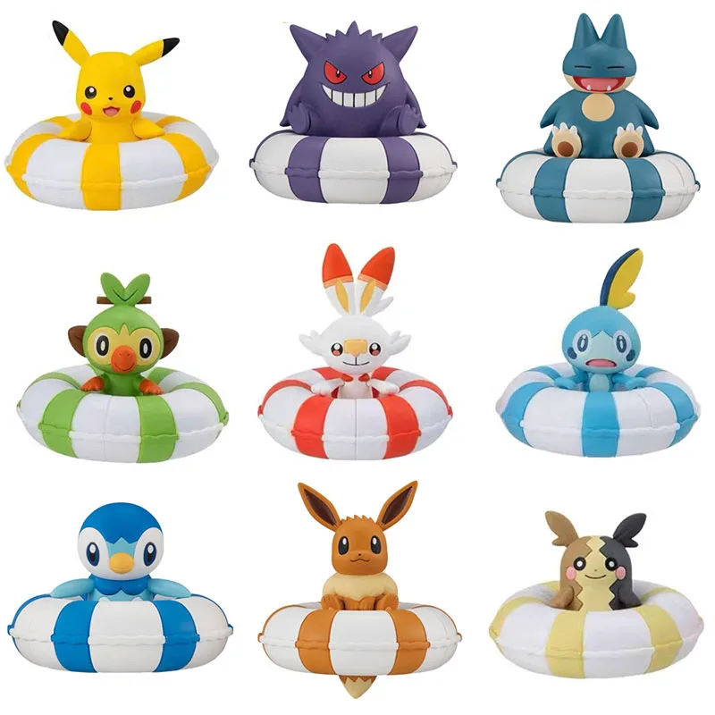 Genuine Pokemon Gashapon Toys Swimming Ring Series Pikachu Eevee Piplup Munchlax Scorbunny Sobble Morpeko Action Figure Toys