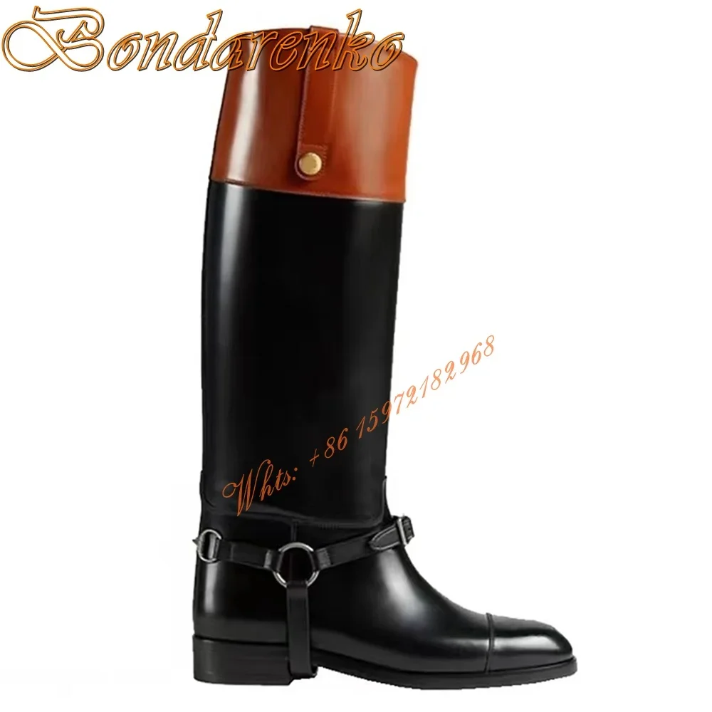 Round Toe Thick Heel Boots Belt Buckles Mixed Colors Splicing Knee High Boots Women Sexy Slip On Winter Party Dress Patent Shoes