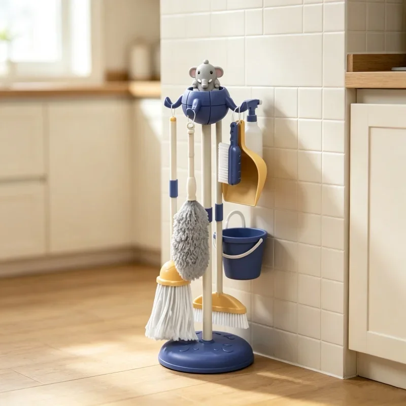 Simulated Household Cleaning Kit 8 In One With Organizer Stand Broom Mop Duster Sprayer Bucket For Indoor Labor Role Practice