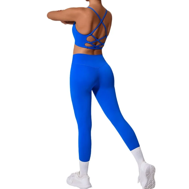 

Women's Seamless Yoga Sports Fitness Sets High Waist Hip Raise Pants Shockproof Open Back Bra Suit Workout Gym Leggings Set