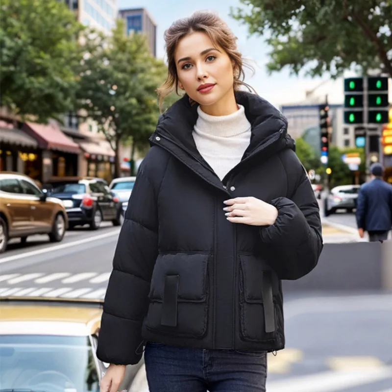 2024 Fashion New Women\'s Parkas Winter Hooded Short Long Sleeve Down Cotton Jackets Female Loose Overcoat Outwear Ladies Coat