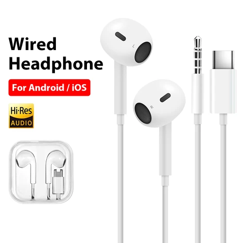 Auriculares con cable tipo C con conector de 3,5mm para iPhone 17 16 15 para Samsung Xiaomi Huawei auriculares semicirculares con micrófono