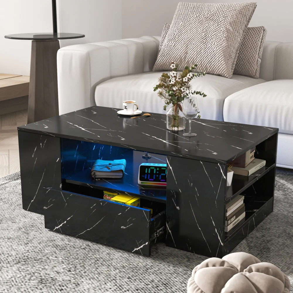 14.57IN High LED Coffee Table ,Modern Coffee Tables for Living Room, Wood Center Table with 2 Drawers and Open Side Shelf
