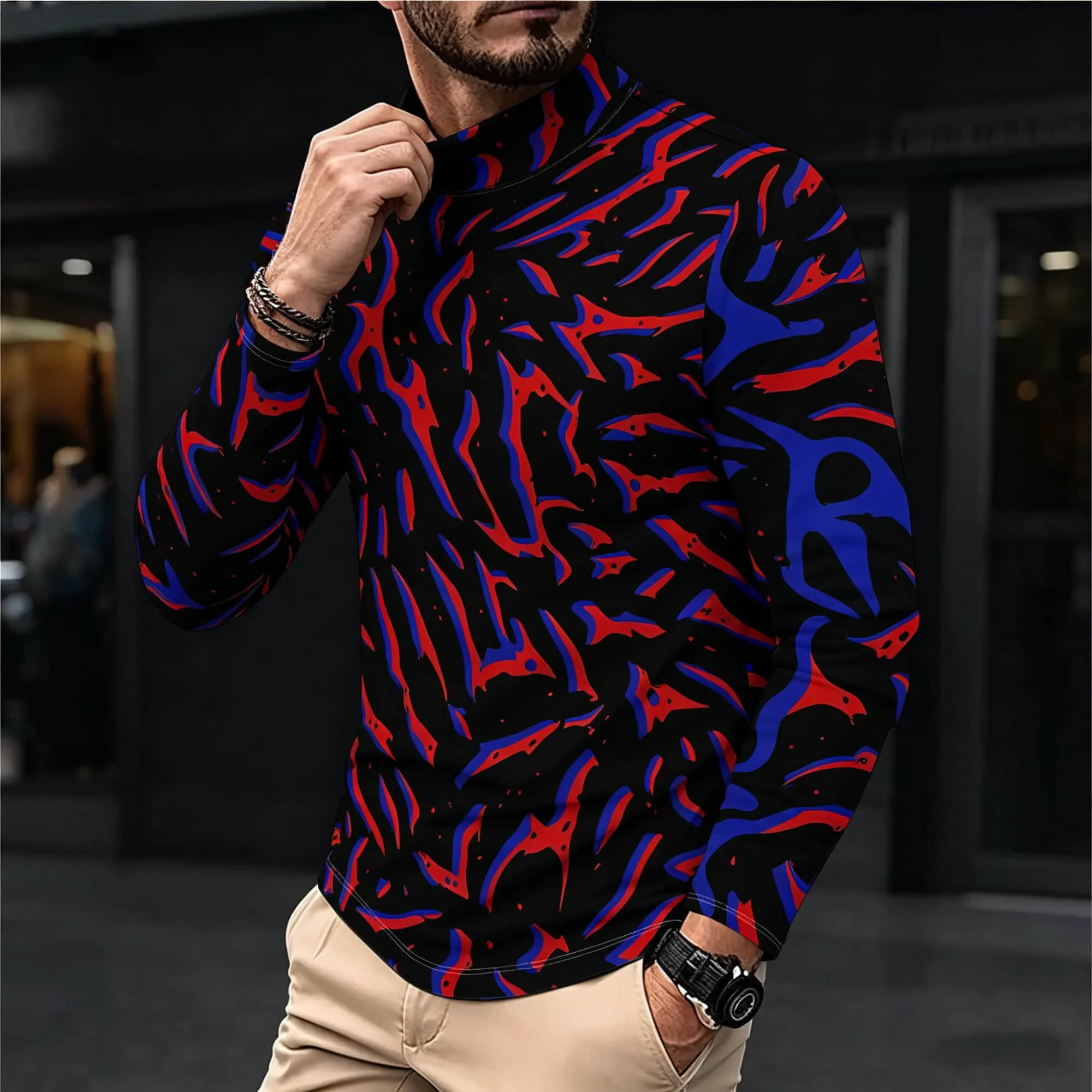 Men Trendy Abstract Art Long Sleeve Shirt Irregular Jagged Red Blue Pattern Mock Neck Pullover Daily Street Outfit