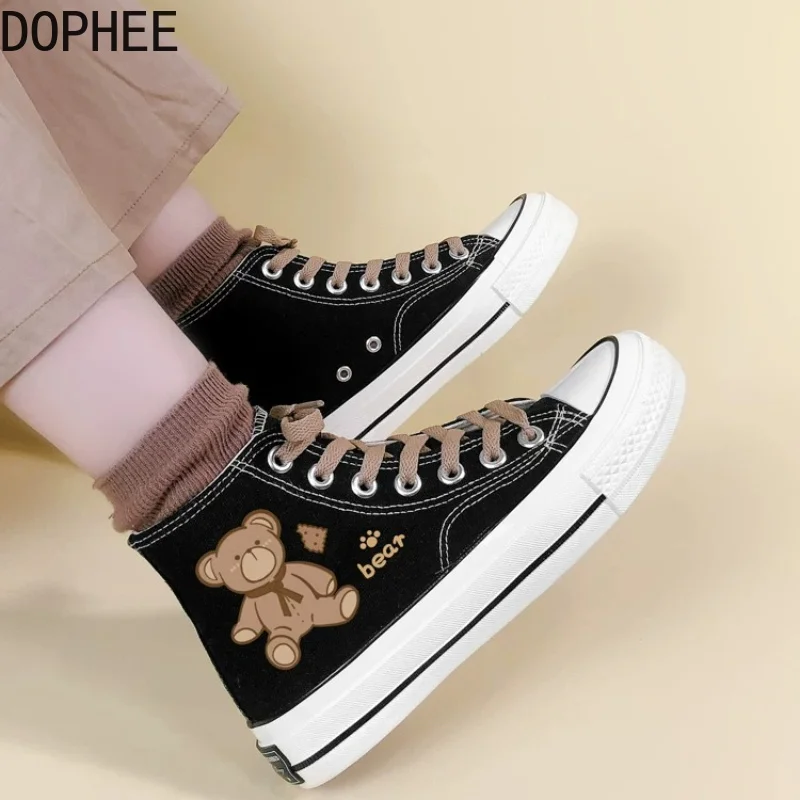 Korea All-match Casual Students Flat Shoes New Autumn High Top Couple Shoes Cute Bear Round Toe Lace-up Women's Canvas Shoes