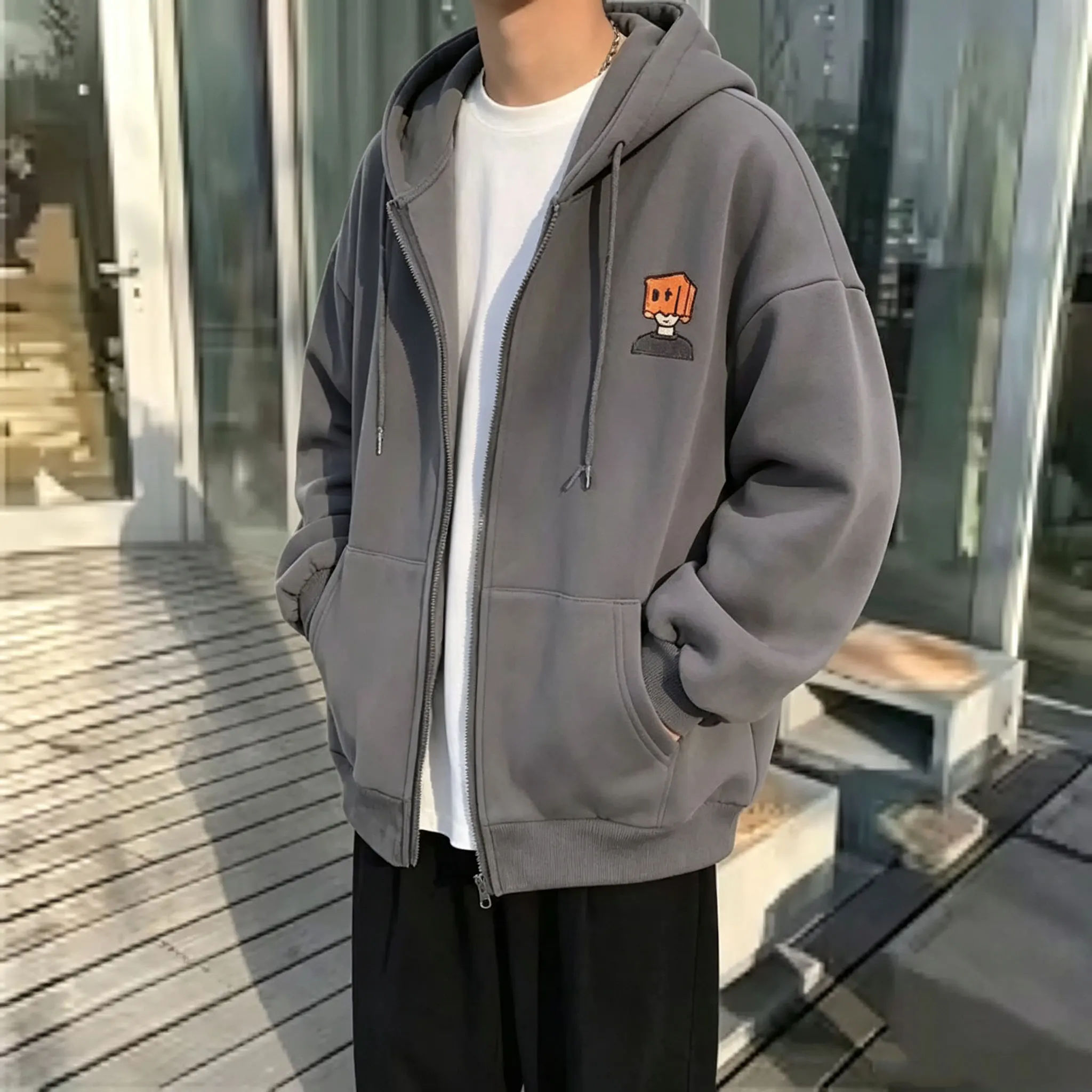 High Street Hoodie Men Solid Color Zip Up Long Sleeve Loose Jacket Coats Casual Hooded Sweatshirt Y2K Fashion Outdoor Clothes