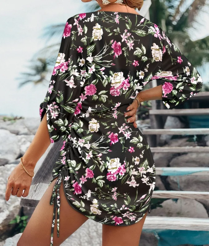 미디 드레스 여자 꽃 프린트 v 넥 중공 슬릿 Drawstring 드레스 우아한 섹시한 휴가 드레스 세미 투명 비치 드레스 여자