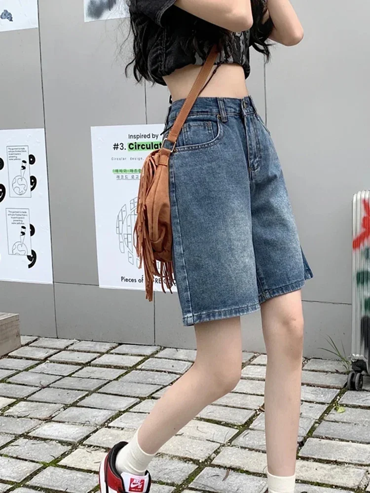 Retro Fashion Student Wear Solid Color Denim Shorts Summer New Korean Casual Elastic Waist Loose Versatile Women Wide Leg Jeans