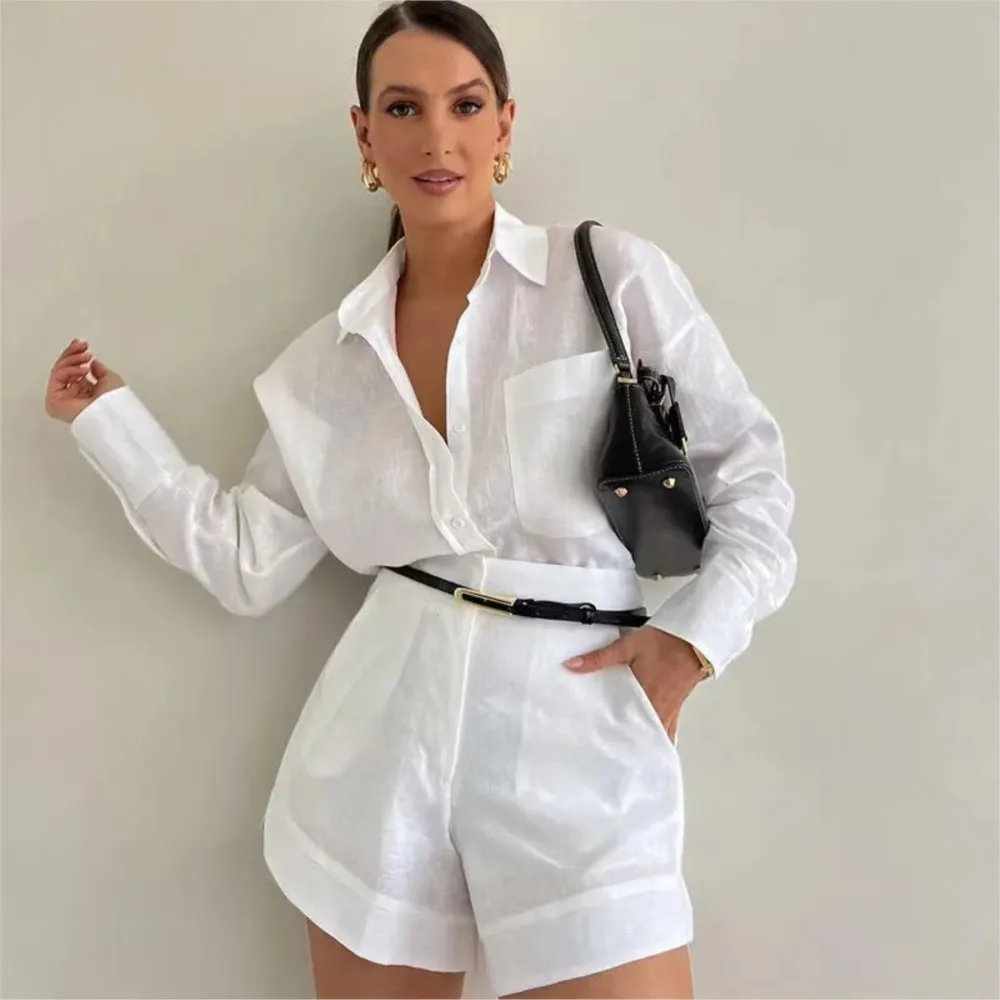 Fashion Short Trousers Long Sleeve Shirt Women Suit Spring Summer New Solid Color Casual Pocket Shorts Office Female 2 Piece Set