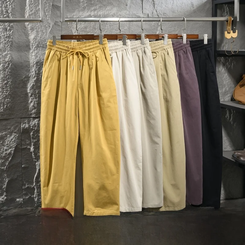 

Men's Casual Straight Leg Pants Heavyweight Washed Cotton Spring Summer Elastic Waist Loose Fit Breathable Versatile Comfortable