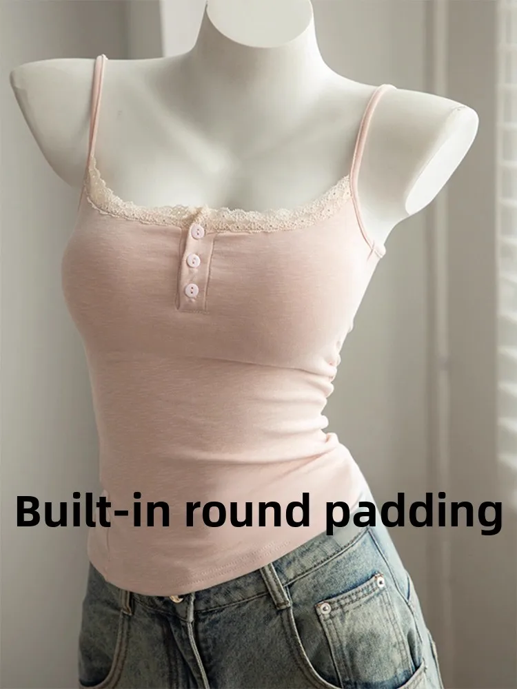 Women's Lace Trim Tank Top Warm Fleece Lined Slimming Inner Wear Can Be Worn as Outerwear Short Style Button Closure