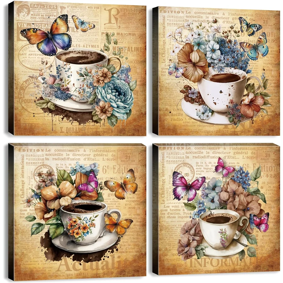 4pcs Diamond painting mosaic Coffee Kitchen Restaurant Butterfly Coffee Cup,Rural Farmhouse Beverage Cafe Bar handmade Home art