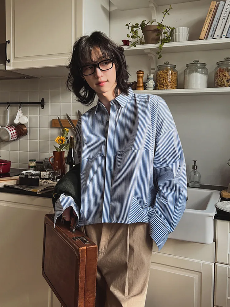 

SYUHGFA 2025 Autumn Niche Design Men's Shirts Lapel Striped Contrast Color Casual Single Breasted Long Sleeved Loose Male Shirt